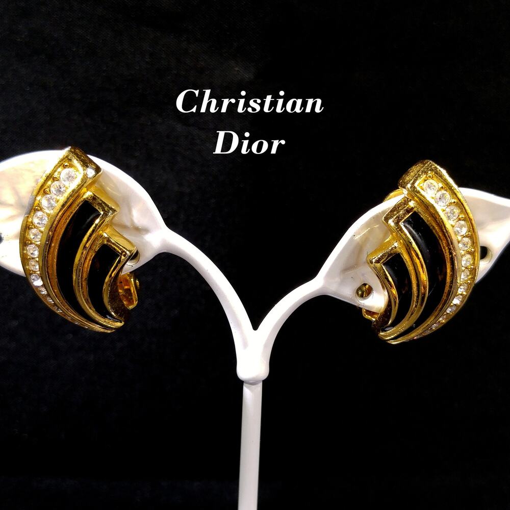 Christian Dior Black Enamel Earrings, Gold Plated, Pave Rhinestones, 1980s